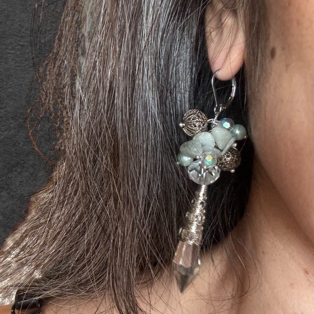 Handmade Pierced Earrings with Vintage Parts, Lucite Drops, and Bead Cluster - Picture 7 of 7